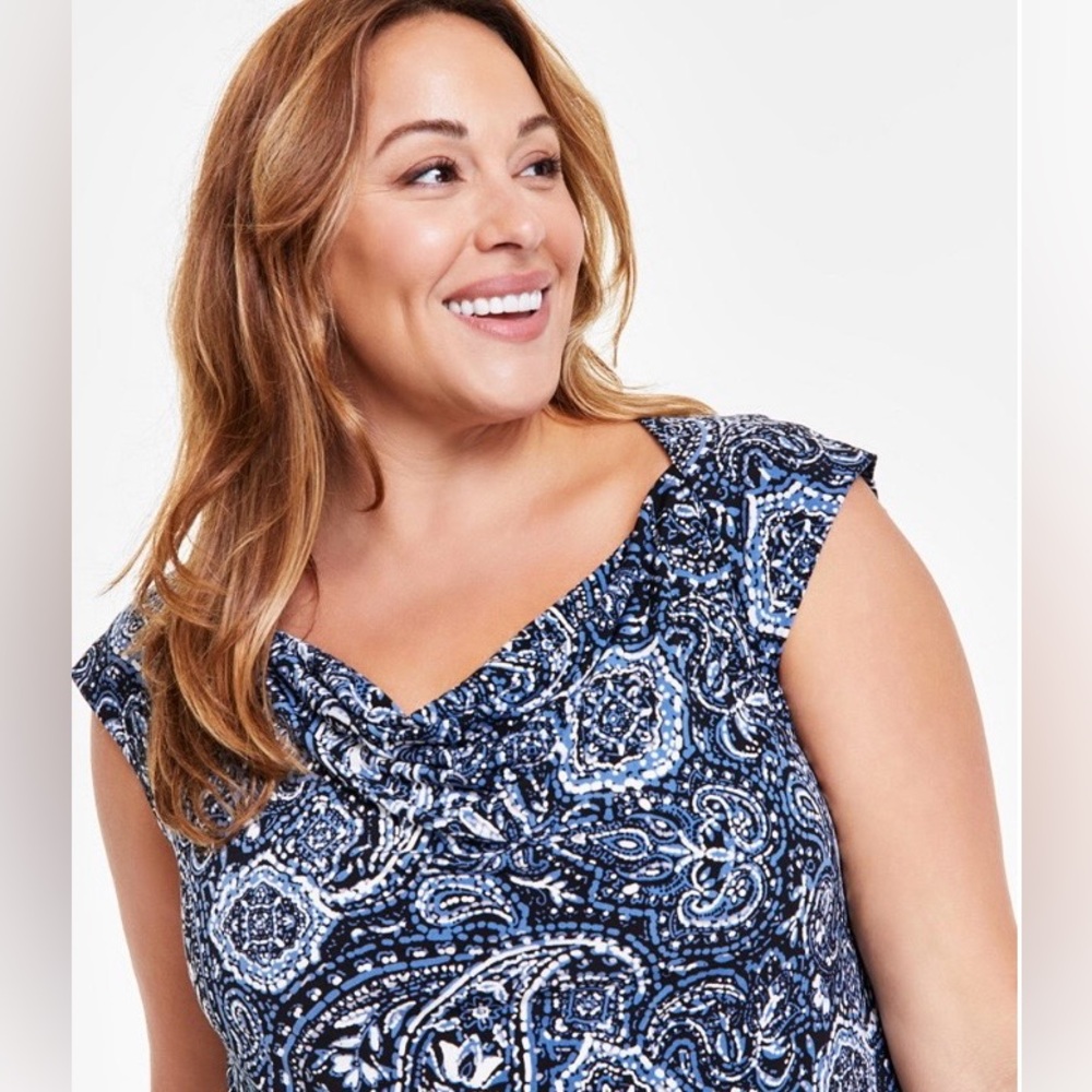 Kasper Navy and White Paisley Sleeveless Cowl Neck Blouse - Picture 2 of 6